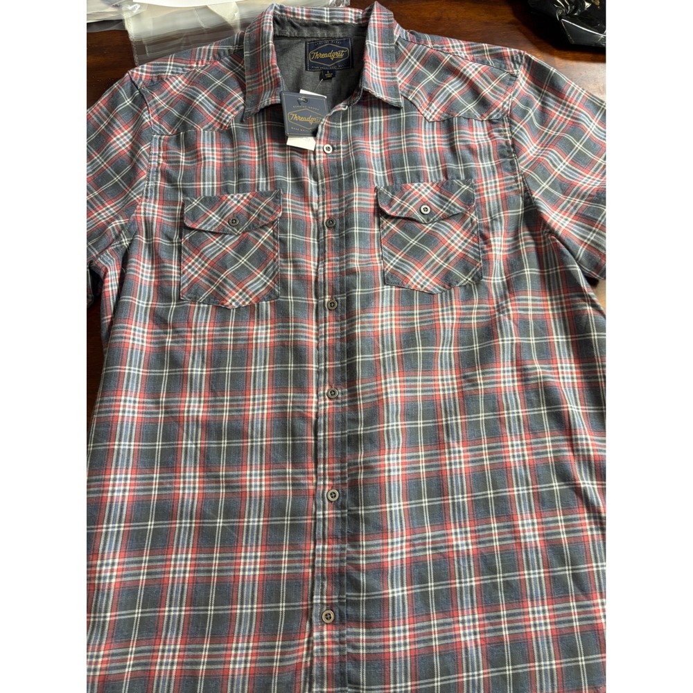 Threadgrit Mens Plaid Western Short Sleeve Button Down Shirt Blue Red Large NWT